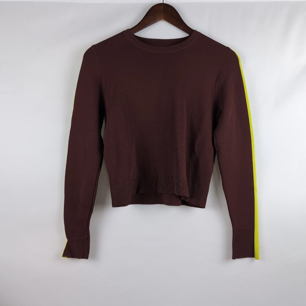 Icone Women's Maroon Sweater Lime Green/Highlighter Sleeve Stripe, Size Medium